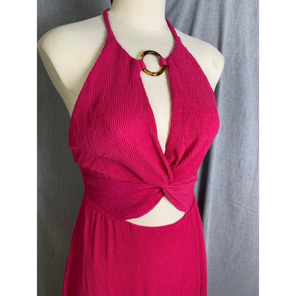 Lovers + Friends Hot Pink Crinkle Halter Cutout Ring Midi Dress Size S - Picture 2 of 11